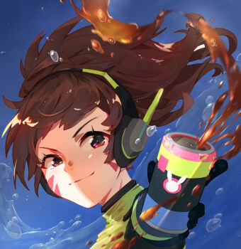 1girl blue_background blue_sky brown_eyes brown_hair can d.va_(overwatch) drink_can dsprite23 facial_tattoo headphones holding holding_can looking_at_viewer overwatch portrait sky solo spilled_drink tattoo two-tone_headphones water
