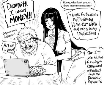 1boy 1girl absurdres artist_self-insert bb_(baalbuddy) black_hair breasts comic computer english_text facial_hair greyscale highres hime_cut hime_cut_wife_(baalbuddy) laptop large_breasts long_hair monochrome original segmented_comic simple_background sitting speech_bubble stubble table white_background