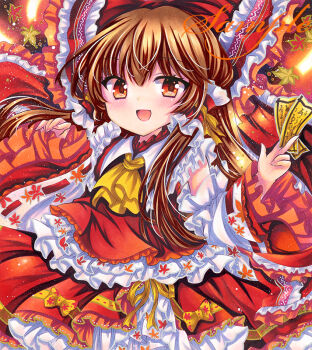 1girl ascot brown_hair detached_sleeves frilled_shirt frilled_skirt frills hakurei_reimu holding holding_ofuda long_hair long_sleeves looking_at_viewer marker_(medium) ofuda open_mouth red_shirt red_skirt rui_(sugar3) sample_watermark shirt skirt sleeveless sleeveless_shirt smile solo touhou traditional_media upper_body watermark yellow_ascot