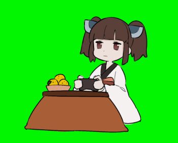 1girl animated animated_gif blinking blunt_bangs brown_eyes brown_hair chibi closed_mouth commentary_request controller expressionless food fruit fruit_bowl full_body game_controller green_background green_screen headgear holding holding_controller holding_game_controller japanese_clothes kimono kotatsu mandarin_orange obi obiage pikumin playing_games sash short_twintails simple_background solo table touhoku_kiritan twintails under_kotatsu under_table voiceroid white_kimono wide_sleeves