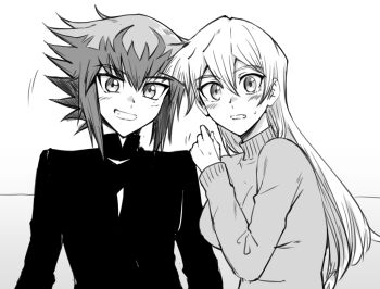 1girl blonde_hair breasts brown_eyes brown_hair commentary_request couch couple hair_between_eyes hetero large_breasts long_hair looking_at_viewer rourou_ill shirt simple_background sleeveless smile solo straight_hair tenjouin_asuka turtleneck white_background yu-gi-oh! yu-gi-oh!_gx yuki_judai