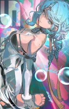 1girl absurdres aqua_eyes aqua_hair bare_shoulders barefoot character_name elbow_gloves fingerless_gloves gloves hair_ornament highres long_hair looking_at_viewer seed_(zenless_zone_zero) twice12314 zenless_zone_zero