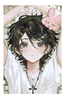 1girl asymmetrical_bangs blush border brown_eyes brown_hair cross cross_necklace eyelashes fei_yi_yi hair_ornament hairclip hands_up highres jewelry looking_at_viewer medium_hair mole mole_on_neck necklace original parted_lips shirt short_sleeves signature solo white_shirt