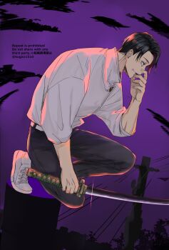 1boy artist_name black_hair black_pants cloud cloudy_sky commentary_request dark_cloud high_collar highres holding holding_sword holding_weapon jacket jujutsu_kaisen jujutsu_tech_uniform katana long_sleeves male_focus okkotsu_yuuta open_mouth pants purple_sky short_hair sky solo sword tattoo tongue_tattoo user_ecye8454 weapon white_jacket