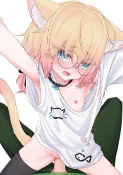 1boy 1girl absurdres ahoge anal animal_ear_fluff animal_ears armpits arms_up asymmetrical_legwear bandaid bandaid_on_leg bell black_collar blonde_hair blue_eyes blush bottomless cat_ears cat_girl cat_tail collar fang glasses gradient_hair hair_bell hair_ornament highres indie_virtual_youtuber loli looking_at_viewer low_twintails lying minikomew mismatched_legwear multicolored_hair nipples open_mouth oversized_clothes oversized_shirt penis pink_hair pom_pom_(clothes) pom_pom_hair_ornament pov ritspi shirt simple_background single_thighhigh straddling t-shirt tail thighhighs twintails vedal987 virtual_youtuber white_background white_shirt