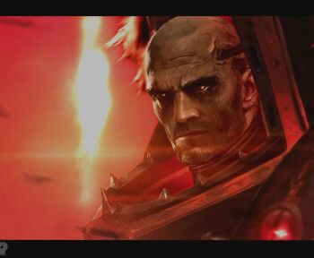 Rule 34 | 1boy, armor, bald, black armor, chaos (warhammer), commentary, english commentary, eyes of horus (warhammer 40k), glowing, glowing eyes, gorget, horus lupercal, ornate armor, pauldrons, pelt, power armor, primarch, red eyes, richard bagnall, shoulder armor, spiked armor, spikes, terminator armor, the serpent's scales (warhammer), warhammer 40k