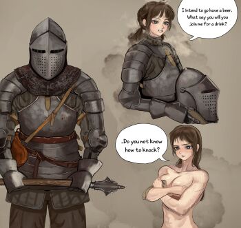 1girl absurdres armor bag blue_eyes blush bracer breastplate breasts brown_hair chainmail cowboy_shot english_text full_armor gambeson gauntlets hair_down helmet highres holding holding_mace holding_unworn_helmet holding_weapon implied_nudity kkghost_tv looking_at_another looking_at_viewer mace medieval medium_breasts multiple_scars multiple_views muscular muscular_female nude pants pauldrons ponytail scar shoulder_armor smile speech_bubble spiked_mace spikes strap sweat teeth towel unworn_headwear unworn_helmet upper_body weapon wet