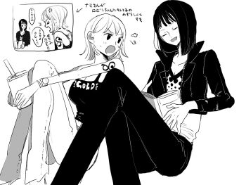 Rule 34 | > <, 2girls, aknotn3, anger vein, arm tattoo, bad id, bad twitter id, blunt bangs, book, closed eyes, cropped jacket, crossed legs, cup, drinking straw, greyscale, hair behind ear, highres, holding, holding book, holding cup, log pose, medium hair, monochrome, multiple girls, nami (one piece), nico robin, one piece, pants, short hair, sitting, tank top, tattoo, translation request