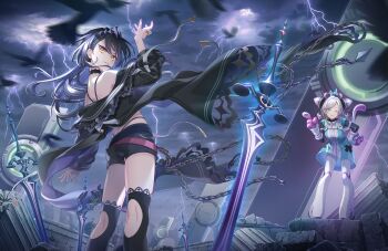 &gt;:) 2girls animal_hands arm_up ass bare_shoulders black_choker black_hair black_sailor_collar black_shirt black_shorts black_tiara blue_dress blue_eyes boots ceras_yanagida_lilienfeld choker cloud cosplay dark_cloud dress evil_grin evil_smile feet_out_of_frame floating_headgear game_cg gloves grey_hair grin headgear highleg highres index_finger_raised jellyfish_cut katsuragi_izumi kneepits legwear_cutout lightning link!_like!_love_live! long_hair long_sleeves looking_at_viewer looking_back love_live! median_furrow multiple_girls navi-nyan navi-nyan_(cosplay) non-web_source official_alternate_costume official_art ongeki open_clothes open_shirt outdoors over-kneehighs paw_gloves planted planted_sword planted_weapon sailor_collar shirt short_dress short_shorts shorts shoulder_blades smile standing storm sumeragi_setsuna sumeragi_setsuna_(cosplay) sword thighhighs three-quarter_sleeves tiara v-shaped_eyebrows virtual_youtuber weapon white_boots