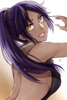 1046sstep_btoh 1girl backless_outfit bleach breasts brown_lips commentary_request dark-skinned_female dark_skin from_side high_ponytail highres large_breasts long_hair looking_at_viewer orange_eyes ponytail purple_hair shihouin_yoruichi sideboob smile solo upper_body