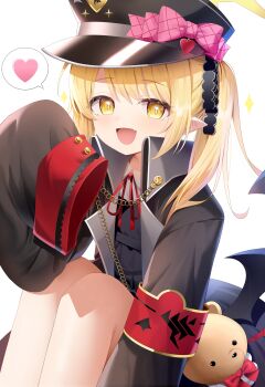 1girl :d absurdres animal_bag armband bear_bag black_coat black_dress black_hat black_ribbon black_wings blonde_hair blue_archive bow chcc331899 chinese_commentary coat collared_shirt commentary_request demon_girl demon_wings dress fang gehenna_academy_logo hair_ribbon halo hand_up hat hat_bow heart highres ibuki_(blue_archive) knees_up long_sleeves looking_at_viewer low_wings making-of_available medium_hair military_hat neck_ribbon open_clothes open_coat open_mouth oversized_clothes parted_bangs peaked_cap pinafore_dress pink_bow pointy_ears red_armband red_ribbon ribbon shirt side_ponytail sidelocks simple_background sitting skin_fang sleeveless sleeveless_dress sleeves_past_fingers sleeves_past_wrists smile solo sparkle speech_bubble spoken_heart stuffed_animal stuffed_toy swept_bangs teddy_bear white_background white_shirt wings yellow_eyes yellow_halo