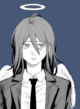 Rule 34 | 1boy, angel devil (chainsaw man), angel wings, blue background, chainsaw man, collared shirt, commentary request, greyscale with colored background, hair between eyes, halo, jacket, long hair, looking to the side, male focus, necktie, rigeshita, shirt, short hair, simple background, solo, straight-on, suit jacket, upper body, wings