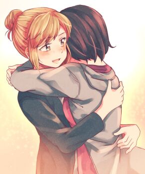 2girls animification blue_eyes brown_hair hachiko_(hati12) hair_bun hug kate_marsh life_is_strange_(series) life_is_strange_1 max_caulfield multiple_girls open_mouth short_hair single_hair_bun yuri