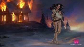 1girl artist_name axe barefoot belt black_hair breasts brown_belt building burning burning_building carmen_(sanguine_rose) duskyhallows highres large_breasts long_hair outdoors purple_eyes pussy sanguine_rose solo standing weapon weapon_on_back