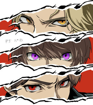 Rule 34 | 36776 x, 3boys, absurdres, black jacket, blonde hair, brown hair, commentary request, cut-in, eye focus, highres, inoue shouma, jacket, kamen rider, kamen rider gavv (series), karakida hanto, lakia amarga, looking at viewer, looking to the side, male focus, mole, mole under eye, multiple boys, multiple moles, parody, persona, persona 5, purple eyes, red eyes, style parody, white background, yellow eyes