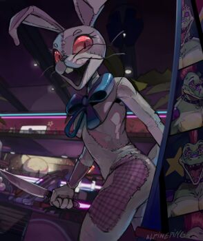 1girl :d absurdres alpineping animal_costume animal_ears arcade_cabinet artist_name blue_bow blue_bowtie blurry blurry_background bow bowtie buck_teeth ceiling_light commentary english_commentary escalator eyelashes fake_animal_ears fake_tail five_nights_at_freddy's five_nights_at_freddy's:_security_breach highres holding holding_knife indoors knife looking_at_viewer montgomery_gator open_mouth patchwork_clothes rabbit_costume rabbit_ears rabbit_tail red_eyes smile solo stairs standing tail teeth upper_teeth_only vanny_(fnaf)