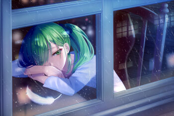 chair feathers green_eyes green_hair hair_over_one_eye koko_(koko3) leaning_on_table looking_at_viewer official_art rain reflection sanzenkai_no_avatar shirt white_shirt window