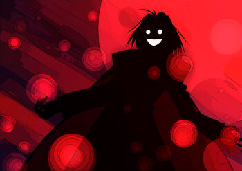 1204741438 1boy antenna_hair arched_back arms_at_sides cape commentary_request crazy_eyes crazy_smile fingernails floating_hair highres laughing male_focus medium_hair melty_blood moon night_of_wallachia red_moon sharp_fingernails silhouette smile solo tsukihime upper_body vampire white_eyes