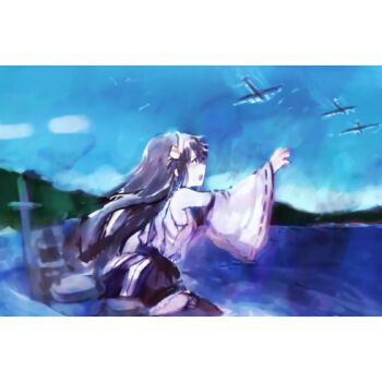 10s 1girl aircraft airplane b-29 b-29_superfortress female_focus gradient_background haruna_(kancolle) kantai_collection lowres military_vehicle mountain propeller_fighter smoke solo sowamame thighhighs water world_war_ii