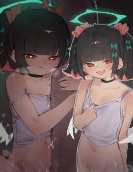 1boy 1girl :d black_hair bottomless camisole choker colored_inner_hair dark-skinned_male dark_skin halo heart heart-shaped_pupils hetero highres hug loli looking_at_viewer multicolored_hair multiple_views nangong_yu navel open_mouth pink_hair red_eyes sex smile symbol-shaped_pupils theflatfacadeds tongue tongue_out twintails two-tone_hair white_camisole zenless_zone_zero