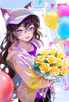 Rule 34 | 1girl, absurdres, animal ear fluff, artist logo, artist name, balloon, bandaid, bandaid on cheek, bandaid on face, bandaid on nose, blue eyes, blush, bouquet, brown hair, bunting, collarbone, commentary, confetti, ears through headwear, english commentary, favorite (vtuber), flower, hair between eyes, highres, holding, holding bouquet, indie virtual youtuber, jacket, logo, long hair, mole, mole on chest, mole under mouth, open clothes, open jacket, open mouth, rose, solo, spiro (supirou2052), virtual youtuber, yellow flower, yellow rose, zipper