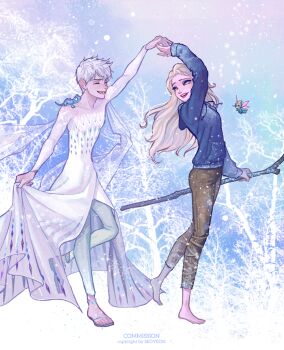 1boy 1girl artist_name barefoot bird blonde_hair blue_eyes blue_hoodie blue_pants brown_pants bruni_(frozen) closed_eyes cosplay costume_switch crossdressing crossover dress elsa_(frozen) elsa_(frozen)_(cosplay) english_text frozen_(disney) holding_hands hood hoodie jack_frost_(rise_of_the_guardians) jack_frost_(rise_of_the_guardians)_(cosplay) long_hair looking_at_another open_mouth pants rise_of_the_guardians salamander sandals seoyeon short_hair staff teeth white_dress white_hair