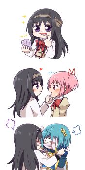 3girls absurdres akemi_homura anger_vein bandage_over_one_eye bandaged_head bandages bandages_over_mouth black_hair blank_eyes blue_gloves blue_hair bow bowtie commentary eyewear_strap glasses gloves hand_mirror heart highres holding holding_hands holding_mirror jx2_(jennyiq) kaname_madoka lab_coat loupe mahou_shoujo_madoka_magica mahou_shoujo_madoka_magica:_walpurgis_no_kaiten miki_sayaka miki_sayaka_(magical_girl) mirror mitakihara_school_uniform mouth_pull multiple_girls pink_eyes pink_hair puff_of_air purple_eyes red-framed_eyewear red_bow red_bowtie school_uniform teeth