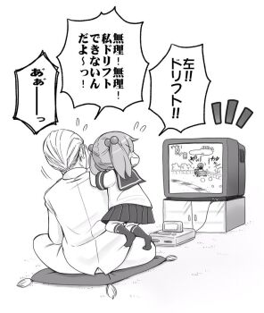 10s 1boy 1girl admiral_(kancolle) cushion flying_sweatdrops from_behind game_cartridge game_console greyscale hair_bobbles hair_ornament indian_style kantai_collection kneehighs mario_(series) mario_kart military military_uniform monochrome naval_uniform nintendo playing_games pleated_skirt sazanami_(kancolle) school_uniform serafuku sitting skirt soborou socks speech_bubble super_famicom super_mario_kart super_nintendo television translated twintails video_game