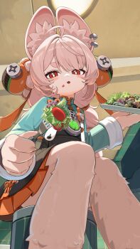 1girl ahoge animal_ear_fluff animal_ear_piercing animal_ears bad_link food food_on_face fork furry furry_female green_shirt highres holding holding_fork incoming_food long_hair long_sleeves looking_at_viewer miniskirt official_art pink_fur pink_hair rabbit_ears rabbit_girl red_eyes salad shirt short_eyebrows skirt solo zenless_zone_zero zhao_(zenless_zone_zero)