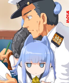 10s 1boy 1girl admiral_(kancolle) animal_ears black_hair blue_eyes blue_hair blunt_bangs cat cat_ears cat_tail dated dd_(ijigendd) desk hat hatsukaze_(kancolle) indoors interrupted jitome kantai_collection kemonomimi_mode long_hair peaked_cap sweatdrop tail tail_around_head tail_wrap truth