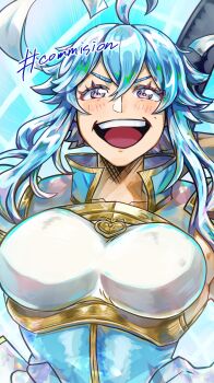 1girl :d ahoge armor blue_hair blue_tunic blush breastplate breasts chi_toki_ru commentary_request commission commissioner_upload fire_emblem fire_emblem:_genealogy_of_the_holy_war gloves hands_on_own_hips headband highres large_breasts nintendo open_mouth original popped_collar purple_eyes selia_(mrtalkingdino) short_hair shoulder_armor sidelocks skeb_commission sleeveless smile solo sword sword_on_back tomboy tunic upper_body weapon weapon_on_back white_headband