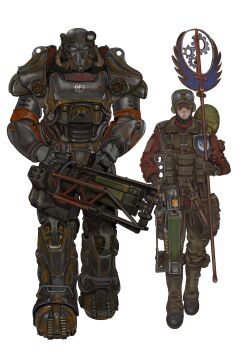 1girl 1other absurdres ammunition_pouch armor bag bandolier banner belt boots brotherhood_of_steel brown_boots brown_eyes brown_gloves brown_hair earmuffs energy_gun fallout fingerless_gloves gloves goggles goggles_on_head green_bag green_hat green_pants gun hat highres holding holding_bag holding_banner holding_gun holding_weapon kkghost_tv knife laser_rifle machine_gun pants pouch power_armor red_shirt shirt weapon