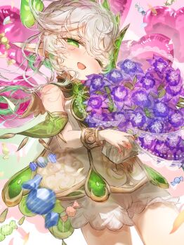 1girl ;d \||/ absurdres balloon birthday bloomers blouse blush bouquet bracelet bright_pupils cameltoe candy commentary_request cowboy_shot cross-shaped_pupils double-parted_bangs eyelashes falling_candy falling_petals flipped_bangs floating_hair flower food genshin_impact gold_bracelet green_eyes hair_between_eyes hair_ornament half-closed_eye happy hashtag-only_commentary heart_balloon highres holding holding_bouquet jewelry looking_at_viewer motion_blur nahida_(genshin_impact) nose_blush one_eye_closed open_mouth orange_petals petals pointy_ears purple_flower shirt sleeveless sleeveless_shirt smile solo symbol-shaped_pupils torten underwear white_bloomers white_hair white_pupils white_shirt wind wrapped_candy