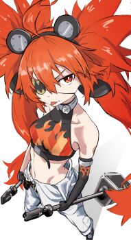 1girl ahoge animal_ears awa_douraku bare_shoulders bear_ears black_gloves breasts crop_top elbow_gloves eyepatch fake_animal_ears fingerless_gloves gloves hair_between_eyes hair_ornament highres holding koleda_belobog long_hair looking_at_viewer midriff navel orange_hair pants red_eyes red_hair simple_background solo sphere_hair_ornament twintails zenless_zone_zero