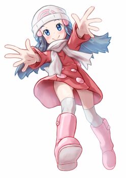Rule 34 | 1girl, beanie, blue eyes, blush, boots, closed mouth, coat, commentary request, dawn (pokemon), eyelashes, from below, gluteal fold, hair ornament, hairclip, hat, long hair, long sleeves, nintendo, ossannoa, outstretched arms, over-kneehighs, pink boots, pokemon, pokemon dppt, pokemon platinum, red coat, scarf, sidelocks, smile, solo, thighhighs, upskirt, white hat, white scarf, white thighhighs