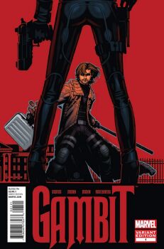1boy 1girl ass beard bo_staff character_name coat cover facial_hair gambit gloves gun head_out_of_frame legs looking_at_another lower_body marvel non-web_source official_art red_eyes red_hair standing suitcase view_between_legs weapon x-men