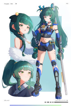 Rule 34 | 1girl, absurdres, android, bare shoulders, black choker, black shorts, blue background, blue shorts, border, braid, braided sidelocks, china dress, chinese clothes, choker, cleavage cutout, closed mouth, clothing cutout, commentary request, dress, green eyes, green hair, hair ornament, hand on own hip, highres, holding, holding staff, holding weapon, long hair, midriff, multiple views, navel, official alternate costume, open mouth, police, police badge, police uniform, policewoman, ponytail, qingyi (zenless zone zero), shorts, side braids, sphere hair ornament, staff, standing, standing on one leg, three section staff, twintails, two-tone shorts, weapon, wengcang hefeng, white border, white dress, zenless zone zero