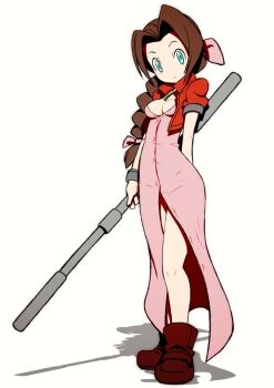 1girl aerith_gainsborough beeru_(veil8801) black_choker boots braid braided_ponytail breasts brown_boots brown_hair buttons center_opening choker cleavage closed_mouth commentary_request cropped_jacket dress final_fantasy final_fantasy_vii full_body green_eyes hair_ribbon highres holding holding_behind_back holding_staff holding_weapon_behind_back jacket light_smile long_dress long_hair looking_at_viewer medium_breasts parted_lips pink_dress pink_ribbon plunging_neckline red_jacket ribbon silver_bangle single_braid solo staff white_background
