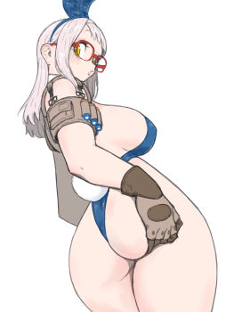 Rule 34 | 1girl, ammunition, animal ear hairband, animal ears, ass, ass focus, blue hairband, blue leotard, blush, breasts, brown gloves, detached collar, fake animal ears, gloves, goddess of victory: nikke, green eyes, grey hair, groping, hairband, hands on own ass, highres, large breasts, leotard, long hair, looking at viewer, looking back, neon (nikke), parted lips, rabbit ear hairband, rabbit ears, rabbit tail, red-framed eyewear, shotgun shell, simple background, solo, tail, toshinoshin, white background