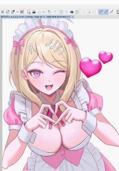 Rule 34 | 1girl, ;d, ahoge, akamatsu kaede, apron, breasts, cleavage, danganronpa (series), danganronpa v3: killing harmony, dress, four-finger heart hands, heart, heart hands, highres, keke (xfxyuio), large breasts, looking at viewer, maid, maid headdress, neck ribbon, one eye closed, open mouth, pink dress, pink eyes, pink ribbon, puffy short sleeves, puffy sleeves, ribbon, short sleeves, smile, solo, unfinished, waist apron, white apron