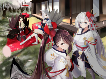 4girls akagi_(azur_lane) azur_lane black_gloves black_kimono breasts brown_hair brown_tail brown_thighhighs cleavage commentary_request flower gloves hair_flower hair_ornament highres japanese_clothes kaga_(azur_lane) kimono kitsune kyuubi large_breasts long_hair miniskirt multiple_girls multiple_tails outdoors pleated_skirt red_flower red_skirt schreibe_shura short_hair shoukaku_(azur_lane) skirt socks tail thighhighs very_long_hair white_hair white_kimono white_socks white_tail wide_sleeves zuikaku_(azur_lane)