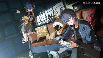 1boy 1girl artist_request bangboo_(zenless_zone_zero) belle_(zenless_zone_zero) blue_eyes blue_hair bottle box brother_and_sister clenched_teeth controller couch crossed_bangs cushion earrings eous_(zenless_zone_zero) fingerless_gloves game_controller gloves grey_hair hair_between_eyes highres holding holding_controller holding_game_controller indoors jacket jewelry logo official_art open_mouth pants playing_games pointing shoes short_hair siblings single_fingerless_glove single_glove single_thighhigh sitting slice_of_life sneakers teeth television thighhighs white_footwear wise_(zenless_zone_zero) yellow_eyes zenless_zone_zero