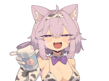 1girl absurdres animal_ear_fluff animal_ears animal_print blush bottle bow bowtie breasts breath cat_ears cat_girl cocomayo29_(tomato) commentary cow_print detached_collar elbow_gloves fang fang_out gloves hair_between_eyes hairband half-closed_eyes highres hololive large_breasts looking_at_viewer milk_bottle nekomata_okayu open_mouth purple_bow purple_bowtie purple_eyes purple_hair short_hair smile solo sweat symbol-only_commentary virtual_youtuber