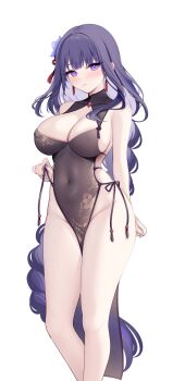 1girl black_dress blush breasts china_dress chinese_clothes cleavage closed_mouth collarbone commentary_request covered_navel dress flower genshin_impact groom hair_flower hair_ornament highres large_breasts long_hair looking_at_viewer miko_(royal_milk) mole mole_under_eye no_panties pelvic_curtain purple_eyes purple_hair raiden_shogun sideboob solo very_long_hair white_background