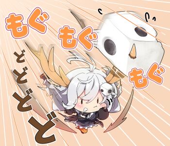 Rule 34 | 1girl, ahoge, black dress, blush, chibi, chibi only, closed mouth, commentary request, double-parted bangs, dress, food, food request, frilled dress, frills, full body, hair between eyes, highres, kizuna akari, long hair, long sleeves, milkpanda, orange pantyhose, pantyhose, solo, striped clothes, striped pantyhose, translation request, vertical-striped clothes, vertical-striped pantyhose, vocaloid, voiceroid, white hair, yellow background, | |