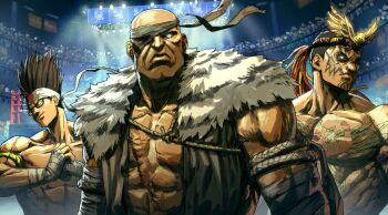 Rule 34 | 3boys, armlet, bald, brown hair, cracking knuckles, crossover, crowd, dark-skinned male, dark skin, eyepatch, facial tattoo, fahkumram, fatal fury, fatal fury: city of the wolves, flag print, frown, glaring, glasses, glowing, glowing eyes, hand wraps, headband, headdress, heyjay, highres, japanese flag, japanese flag print, jewelry, joe higashi, looking to the side, multiple boys, multiple crossover, muscular, muscular male, pelt, sagat, scar, scar on chest, short hair, smile, spiked hair, spotlight, stadium, street fighter, street fighter 6, tattoo, tekken, tekken 8, topless male, trait connection, upper body, very short hair, white headband