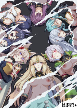 6+girls ahoge animal_ear_fluff animal_ears aqua_hair armor armored_dress artist_name black_hair blonde_hair blue_eyes breasts cat_ears cat_girl cat_tail character_request closed_eyes closed_mouth commentary dress elf english_commentary facial_mark flower freya_(kagejitsu) grey_hair hair_between_eyes hair_flower hair_ornament highres kage_no_jitsuryokusha_ni_naritakute! kage_no_jitsuryokusha_ni_naritakute!_master_of_garden large_breasts lili_(kagejitsu) long_hair looking_at_viewer lying mibry_(phrysm) multiple_girls navel nipples olivier_(kagejitsu) on_back open_mouth parted_lips pointy_ears purple_eyes purple_hair red_eyes revealing_layer saliva short_hair sleeping slit_pupils tail tiara very_long_hair wolf_ears wolf_girl