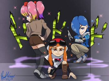 3girls blonde_hair blue_eyes blue_hair closed_mouth freckles goggles hair_over_one_eye headphones jojo_pose long_hair looking_at_viewer looking_back lowres mechanical_arms meggy_spletzer multicolored_hair multiple_girls orange_eyes orange_hair pink_hair purple_eyes purple_hair red_eyes saiko_(smg4) short_hair single_mechanical_arm skirt smg4 smile standing sunset_paradise tagme tari_(smg4) thighhighs twintails