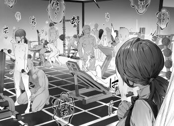 5girls 6+boys barbell bench_press blunt_bangs blush commentary completely_nude cunnilingus dumbbell exercising face_in_ass fellatio fitness_gym greyscale hair_bun handjob highres holding holding_dumbbell kein_v kneeling leg_press_machine lying mask monochrome mouth_mask multiple_boys multiple_girls navel nipples nude on_back oral original penis ponytail sexual_exercising squat_(exercise) untranslatable_commentary weight_bench weightlifting weights