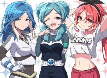 beta_(inazuma_eleven) black_eyes blue_eyes blue_hair bodysuit commentary_request highres inazuma_eleven_(series) inazuma_eleven_go inazuma_eleven_victory_road inzm1147 multicolored_hair navel open_mouth red_eyes red_hair shinohara_raika smile two-tone_hair urubida